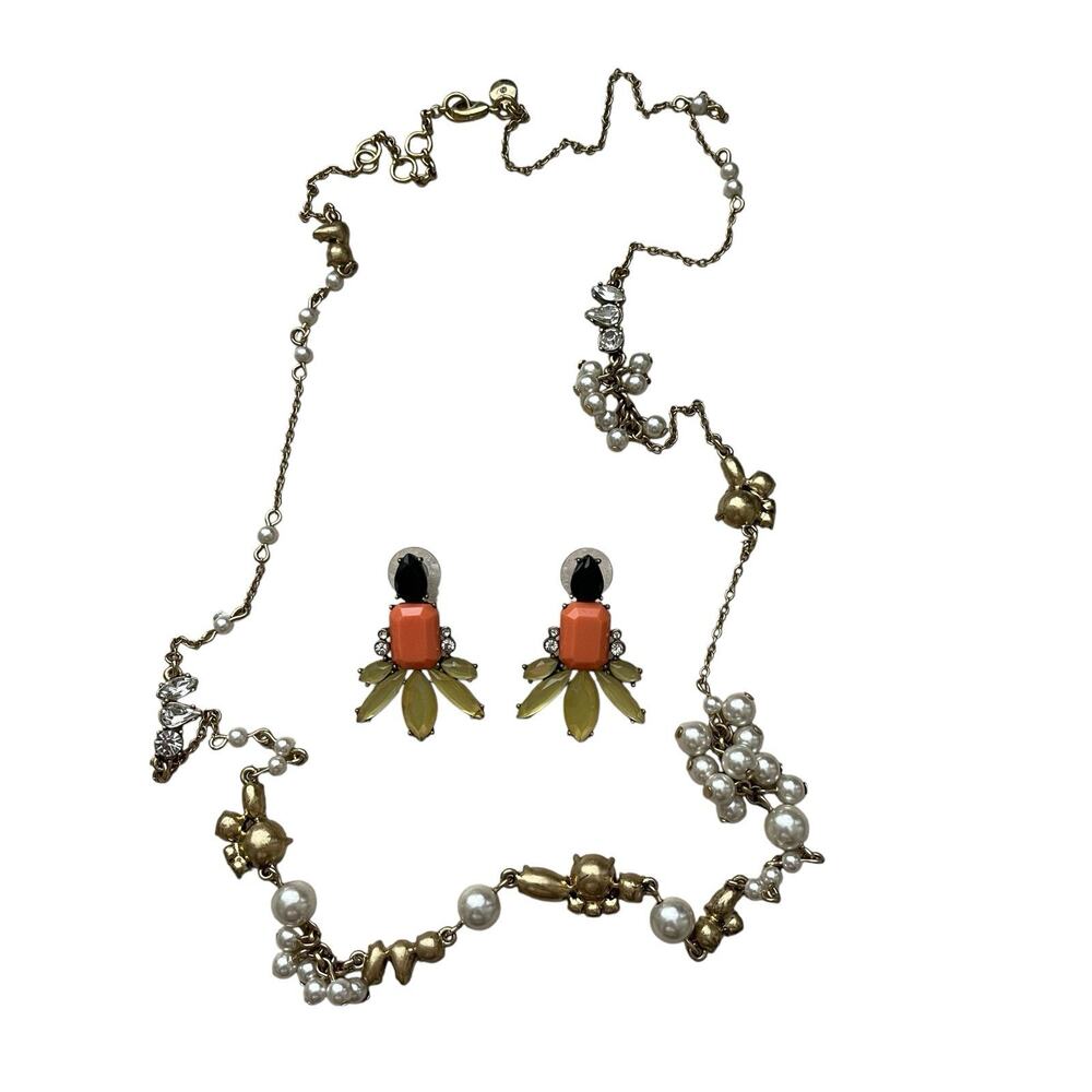 J.Crew Earrings Long Necklace Bling Statement Black Yellow Gems Coral